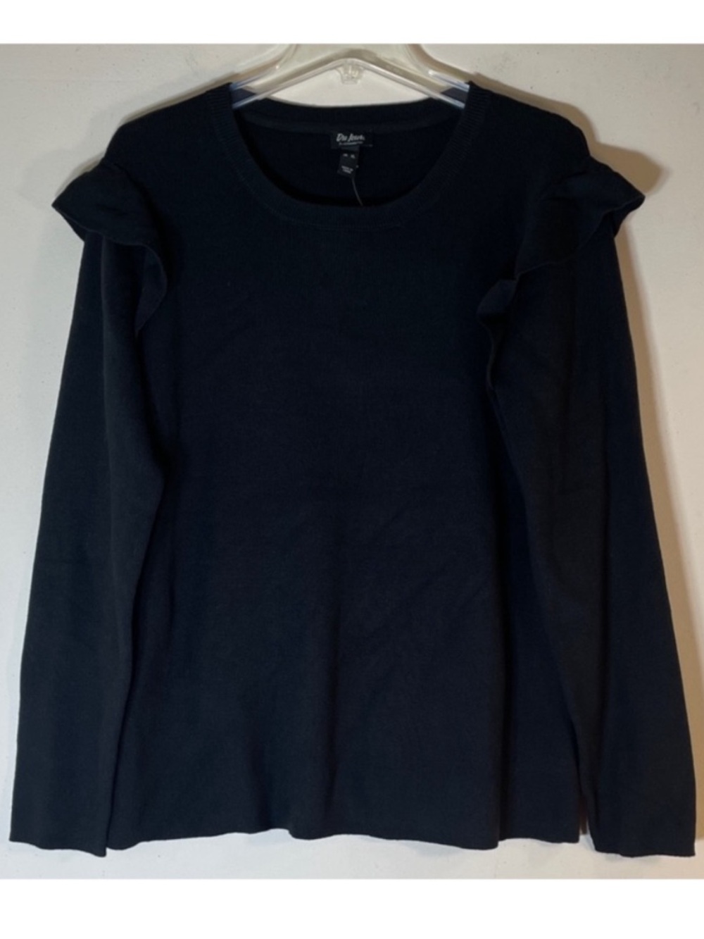 Du Jour Black Ruffle Shoulder Crewneck Sweater